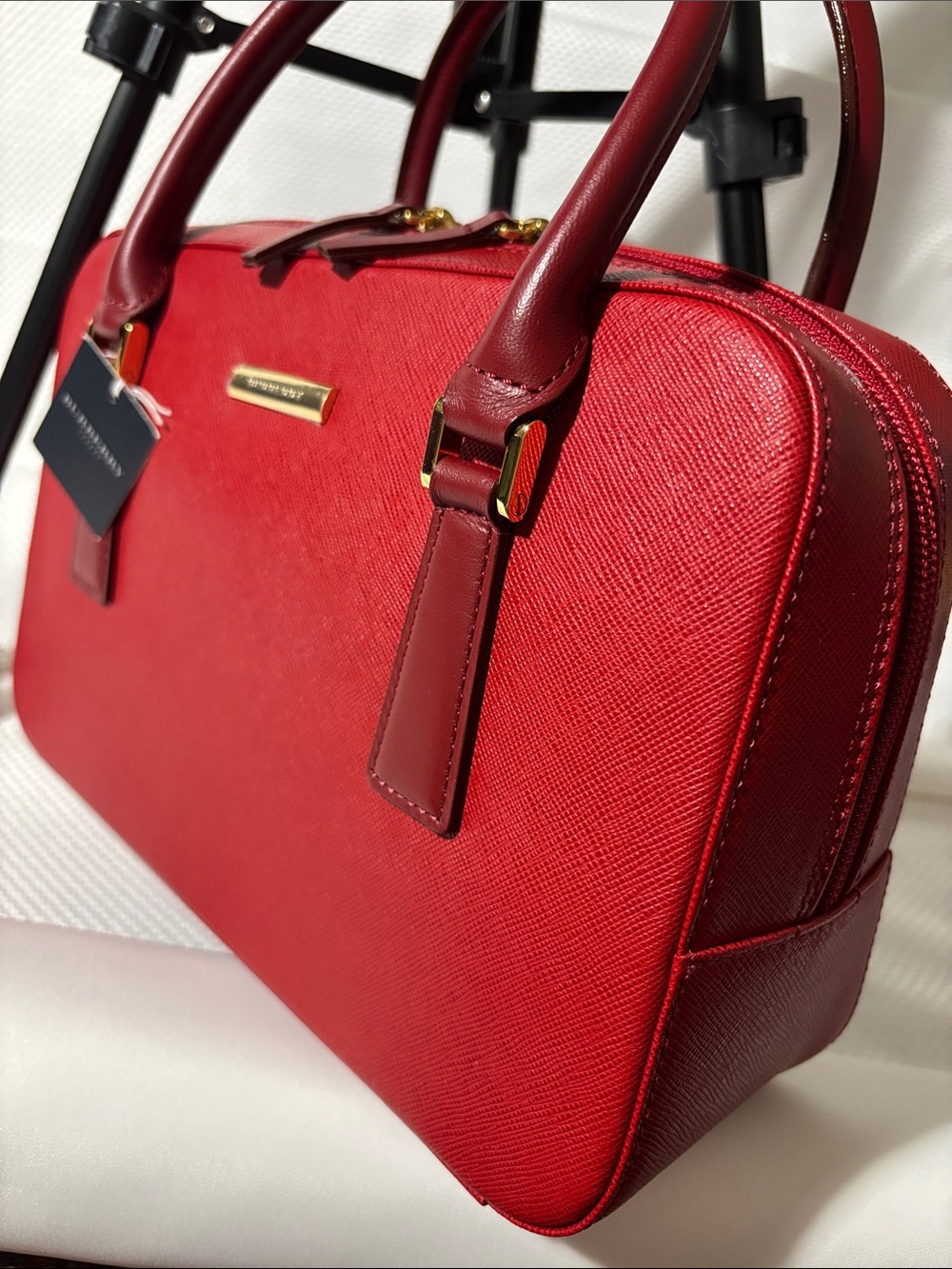 Burberry Red Structured Saffiano Satchel with Gold Hardware - Picture 3 of 12